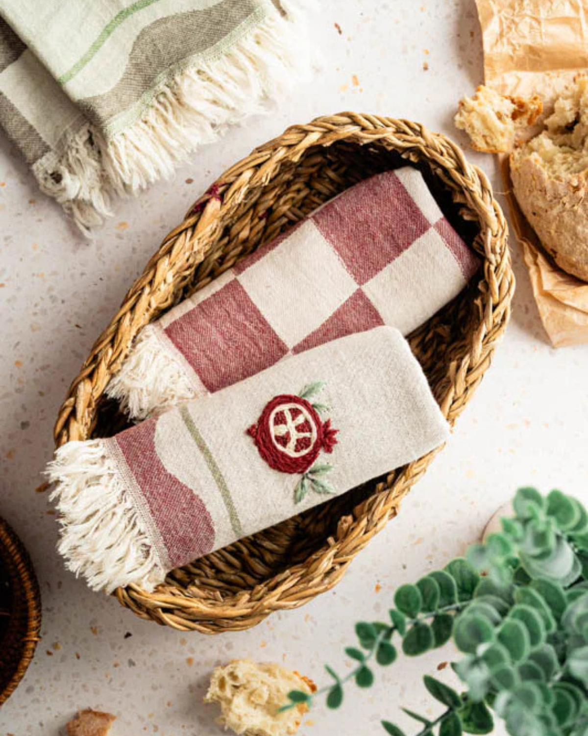 Hand-stitched towel set, beige and maroon checkered towel with pomegranate embroidery, fringe