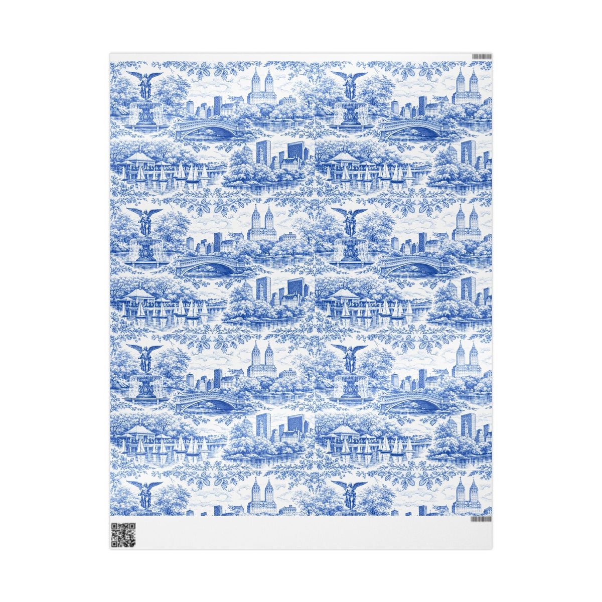 Blue-and-white toile wrapping paper sheet with repeating city and tree pattern