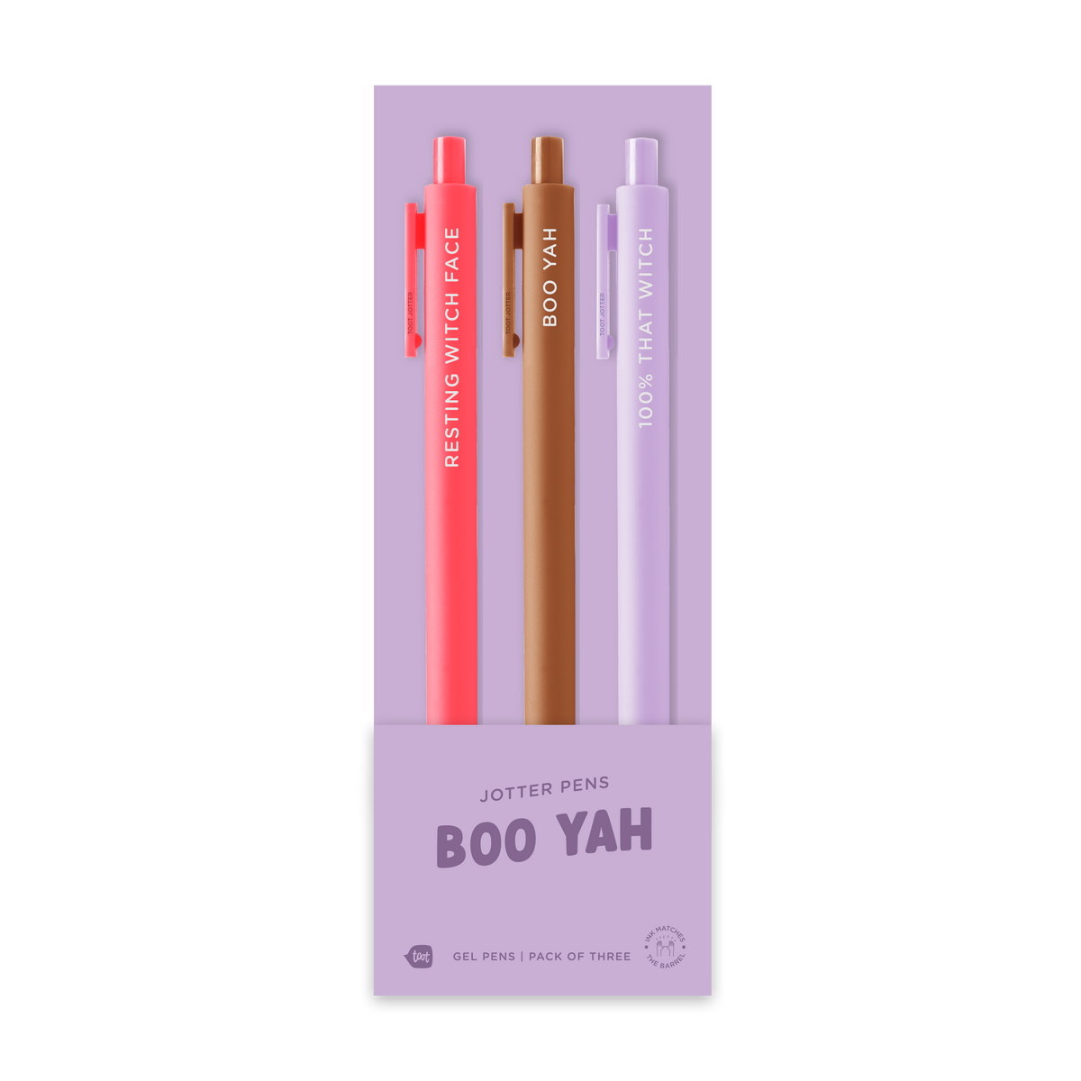 Boo Yah three-pack of gel pens in coral, brown, and lavender