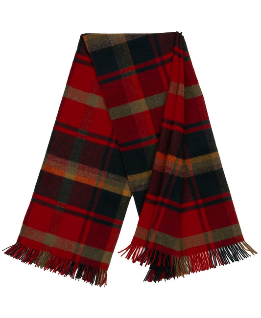 Shetland lambswool throw scarf with red, tan, and dark plaid pattern and fringed ends