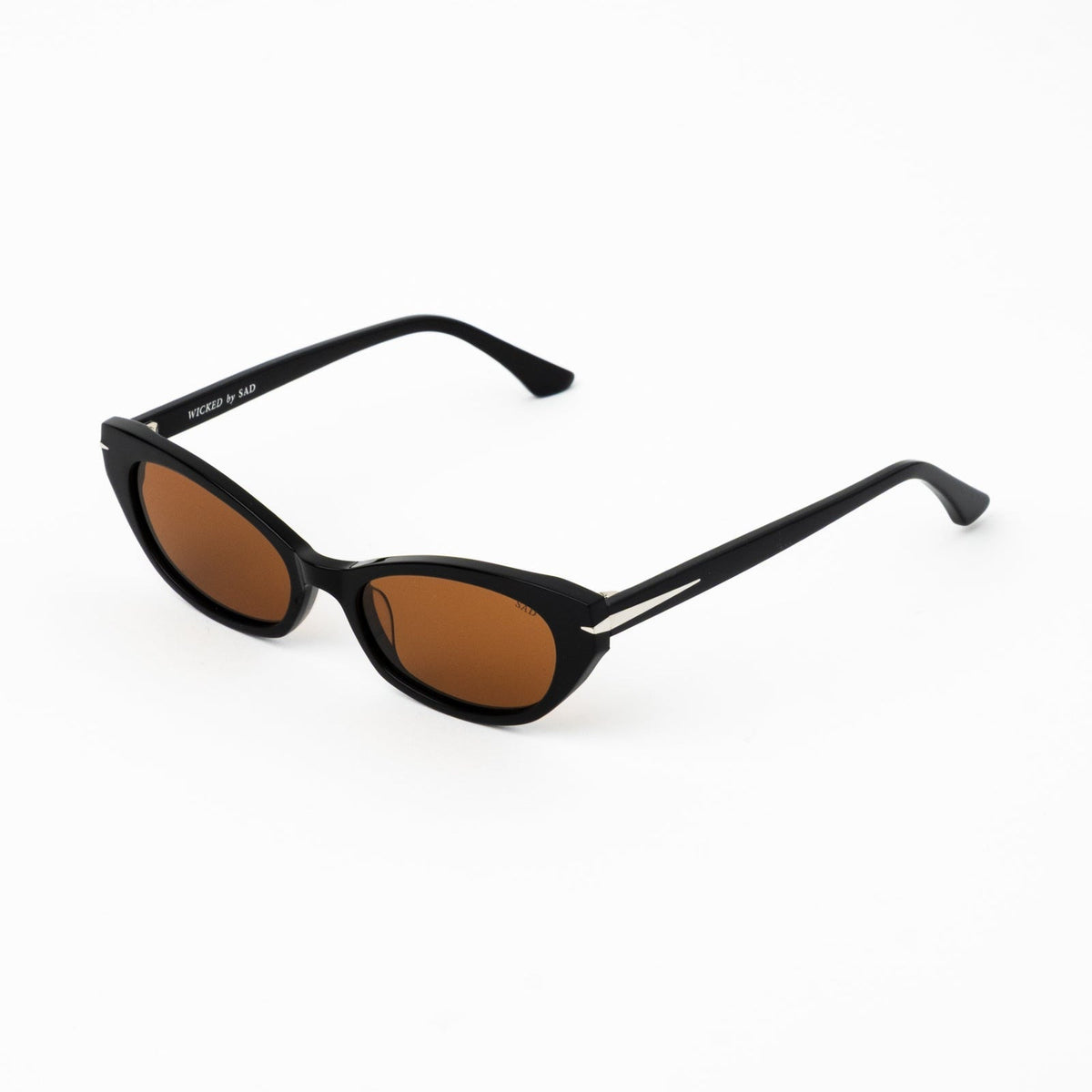 Black frame polarized sunglasses with bronze lenses, side view and curved temples.