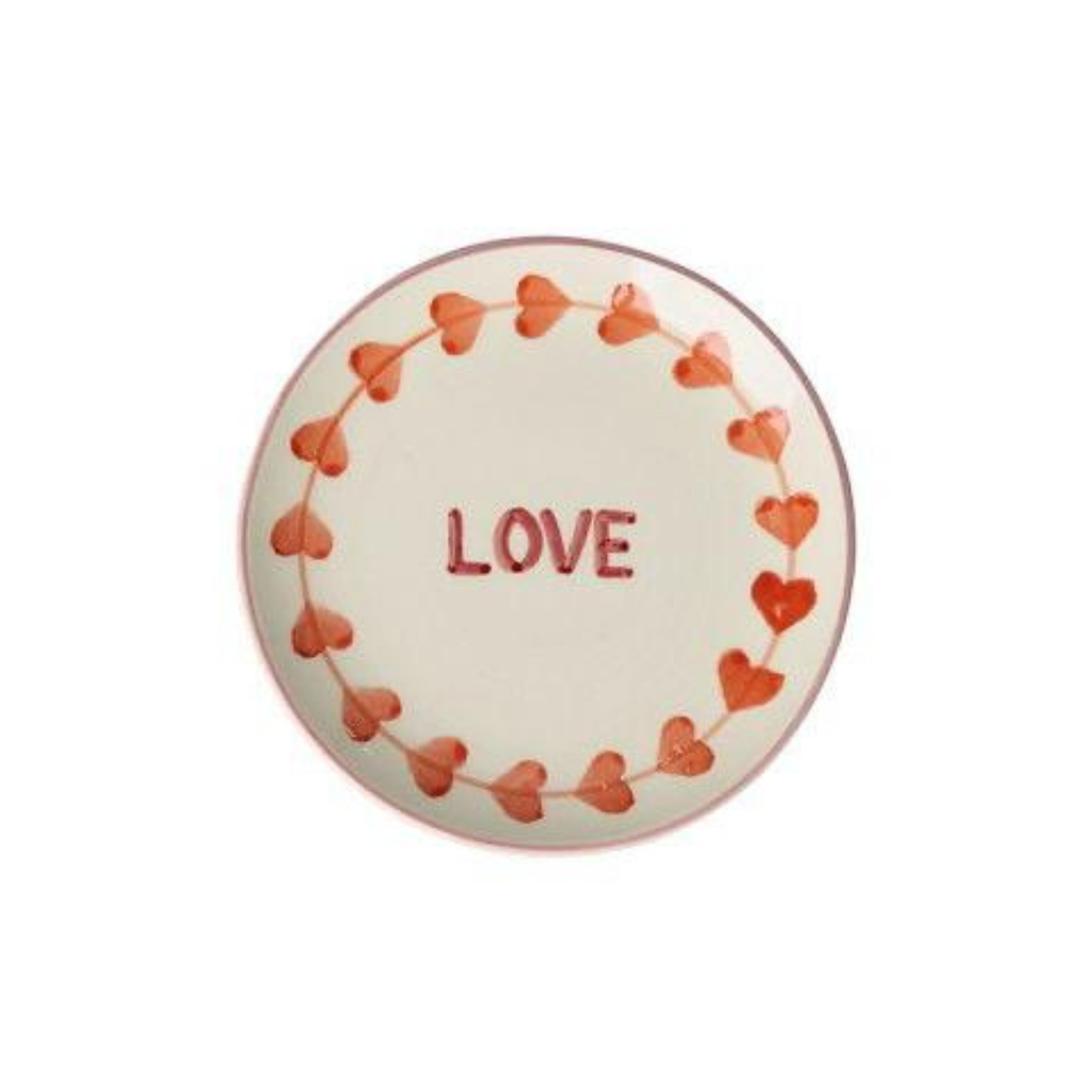 Round ceramic cake plate with hand-painted LOVE and heart vine border, red and orange