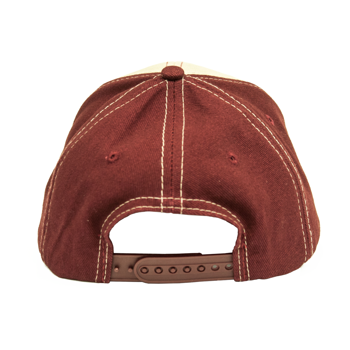 Back of a burgundy cap with adjustable snap closure and contrast stitching