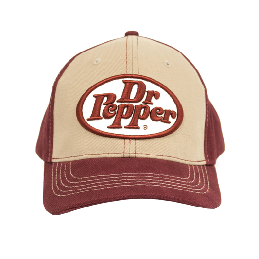 Front view of a beige and burgundy Dr Pepper cap with curved brim and embroidered logo