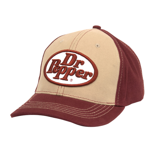 Dr Pepper cap with beige front, burgundy brim and sides, and embroidered logo