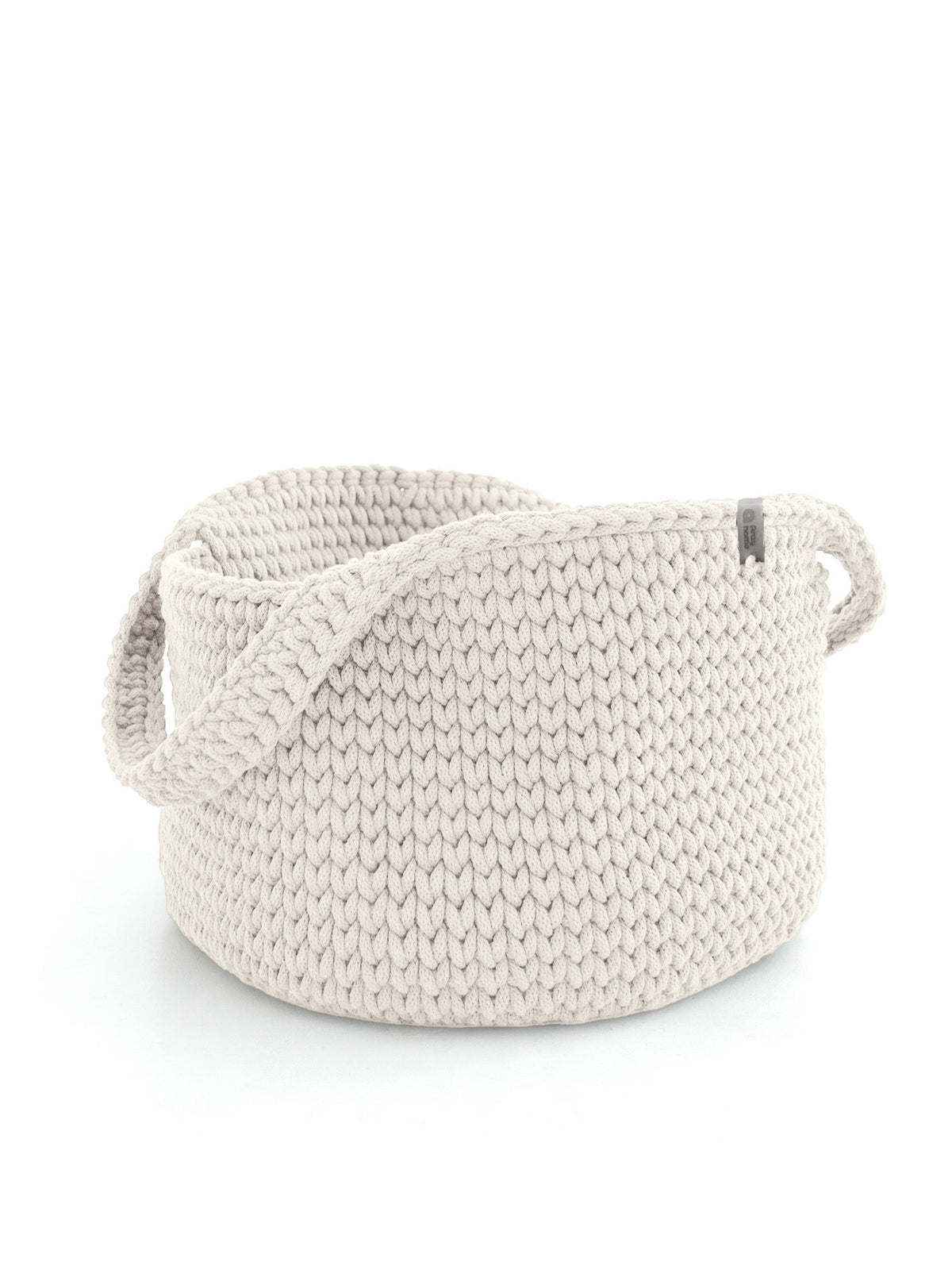Off-white round rope basket with two side handles, textured knit