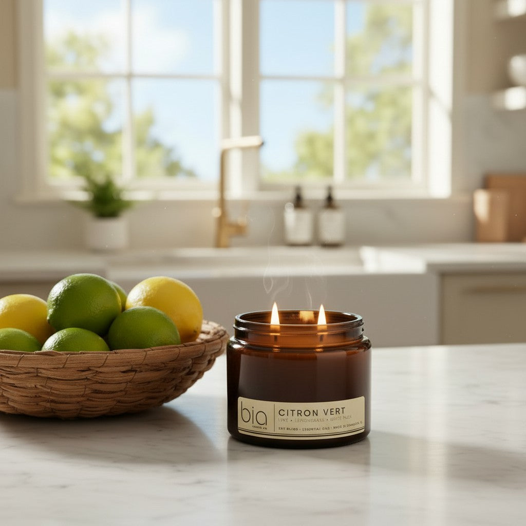 Small amber soy blend candle with lit wick, Citron Vert label, with citrus fruit nearby.