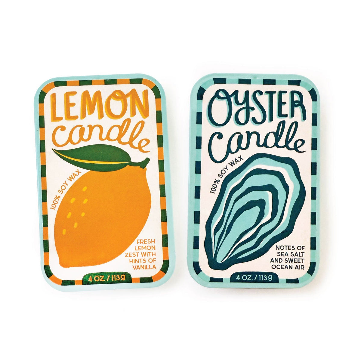 Two scented candle tins with Lemon and Oyster labels on turquoise striped lids