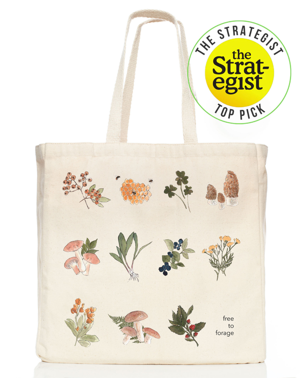 Canvas tote bag with natural handles and botanical print, “free to forage”