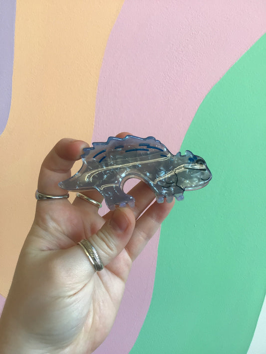 Blue dinosaur hair claw with clear acrylic claws and dotted detailing