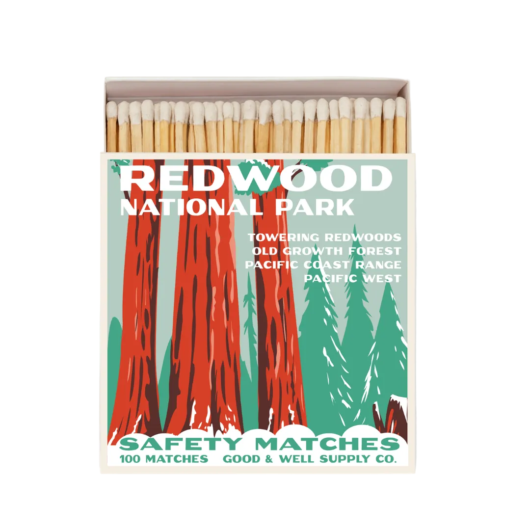 Safety match box with Redwood National Park label and wooden matches inside