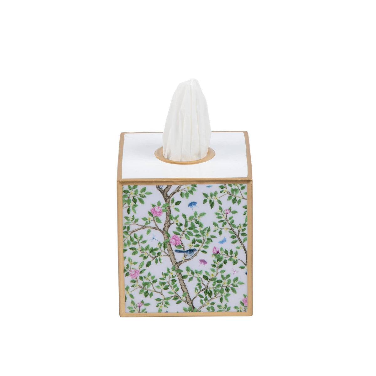 Enameled tissue box cover with top opening and detailed tree-and-flower pattern