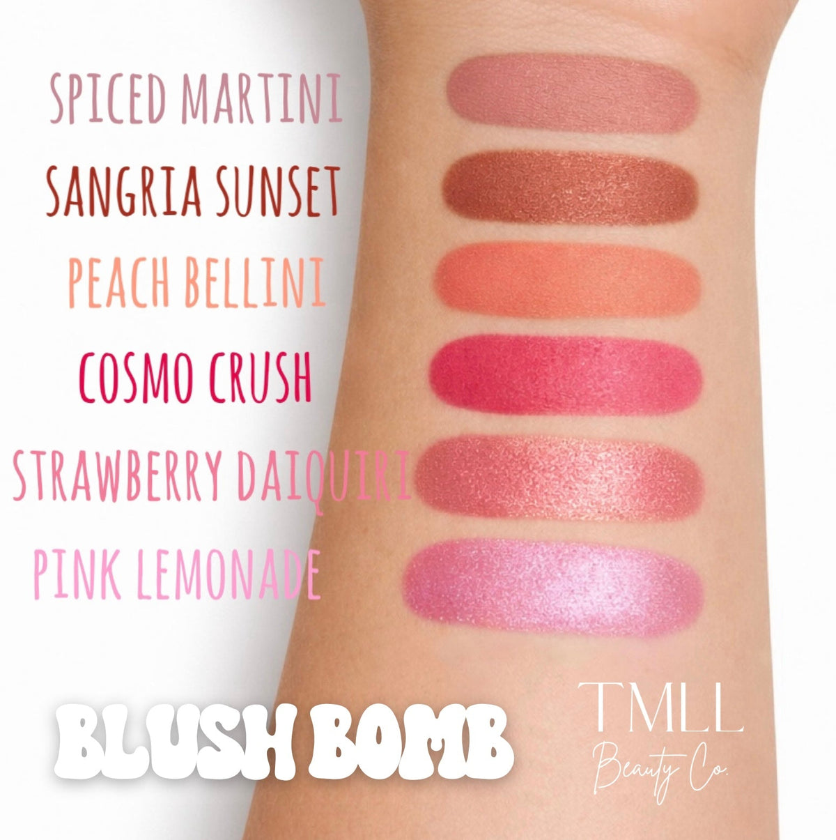 Forearm with multiple liquid blush swatches from peach to pink to berry tones.