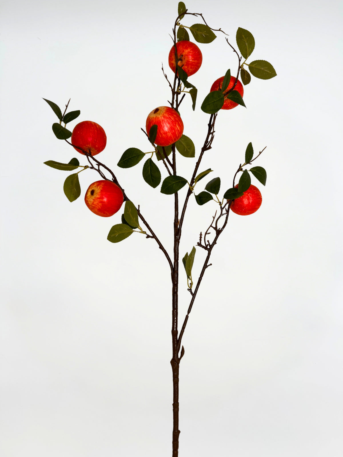 Artificial apple stem with red apples and green leaves, single branching spray