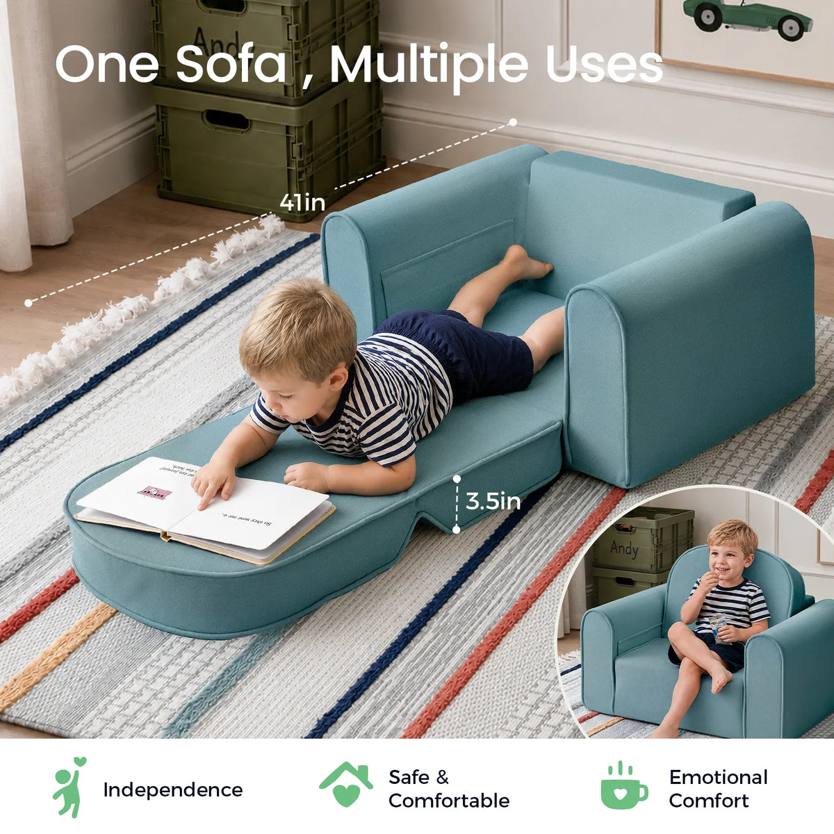 Tiny Land® kids sofa chair extended into a teal lounge bed with a child lying on it