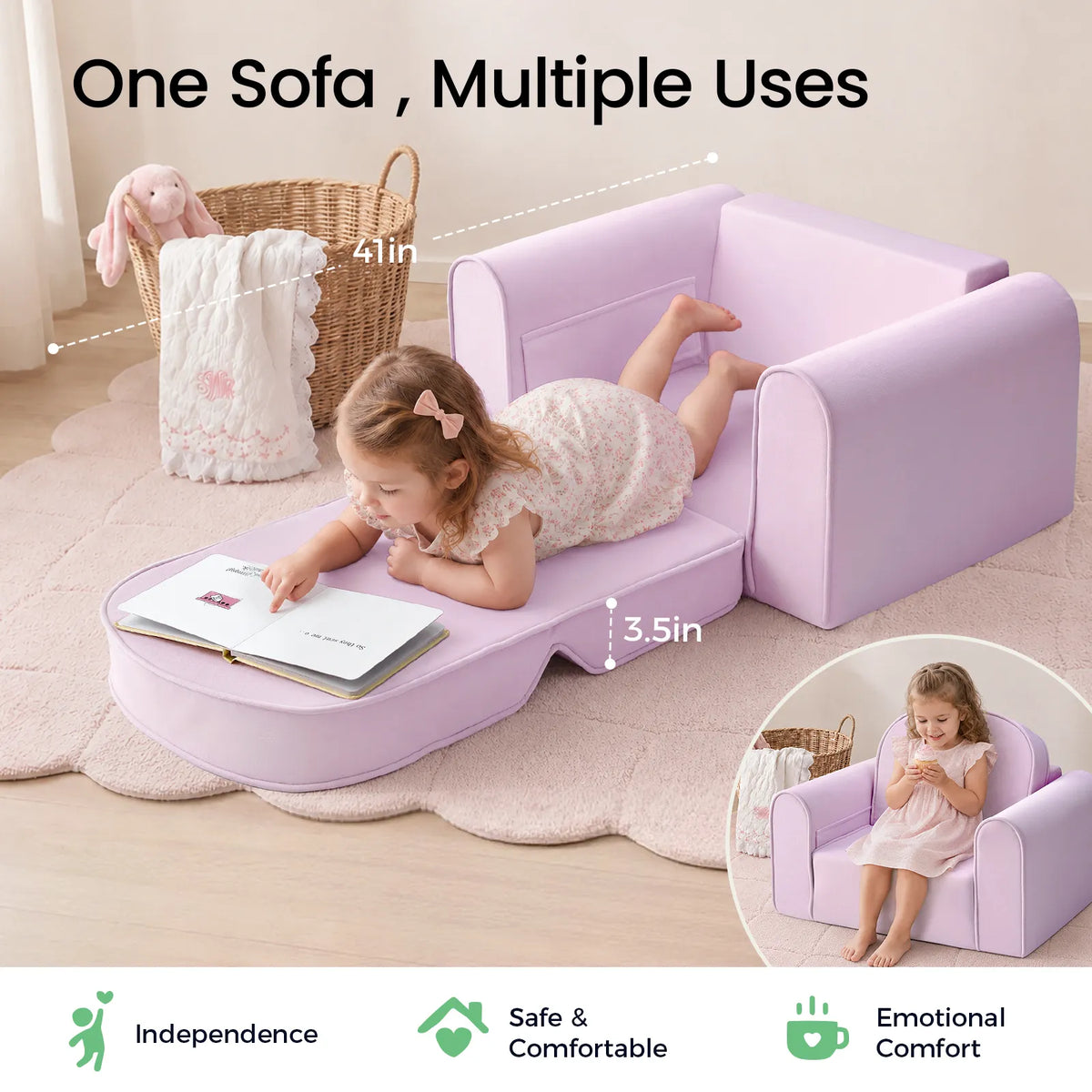 Light purple kids sofa chair unfolded into a lounge with an extended footrest