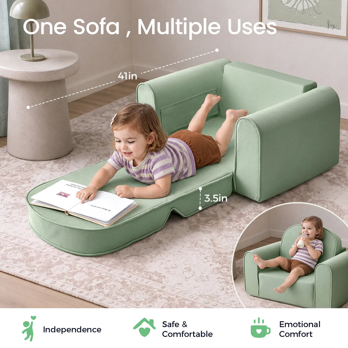 Tiny Land® light green kids sofa opened into a chaise lounge with a child lying on it.