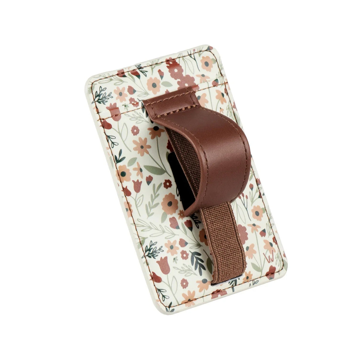 Floral magnetic wallet with brown strap and top opening for cards or cash