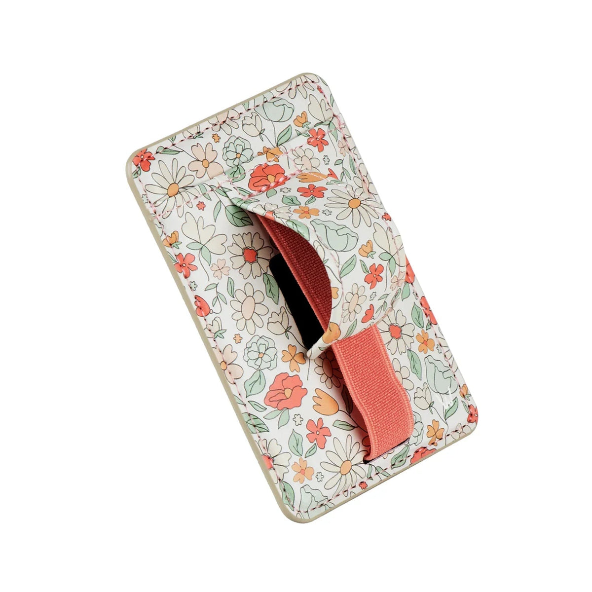 Floral magnetic wallet with red closure strap, angled rear phone accessory