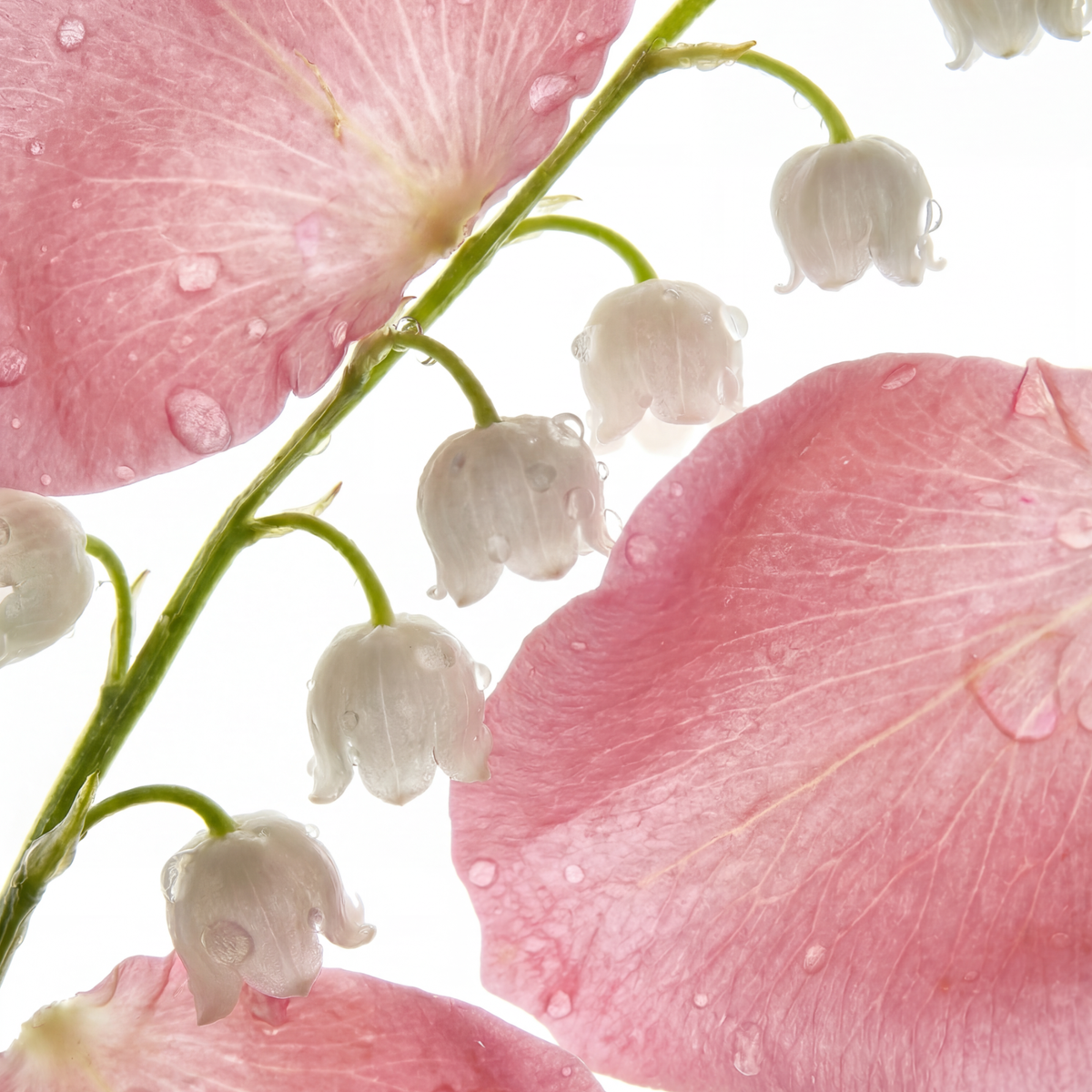 Rose and muguet scent: pink petals with white bell-shaped blossoms