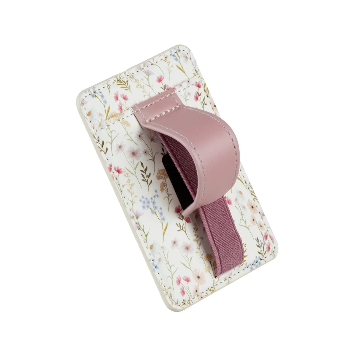 Floral magnetic phone wallet with mauve magnetic closure strap