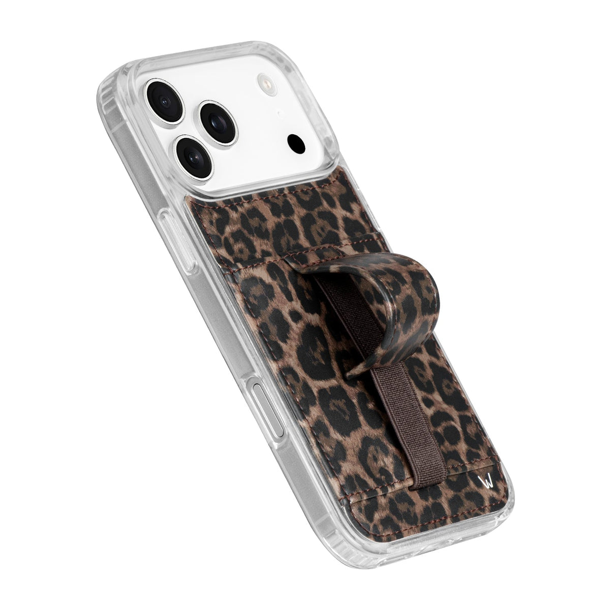 Leopard print phone case with clear shell and attached strap wrap