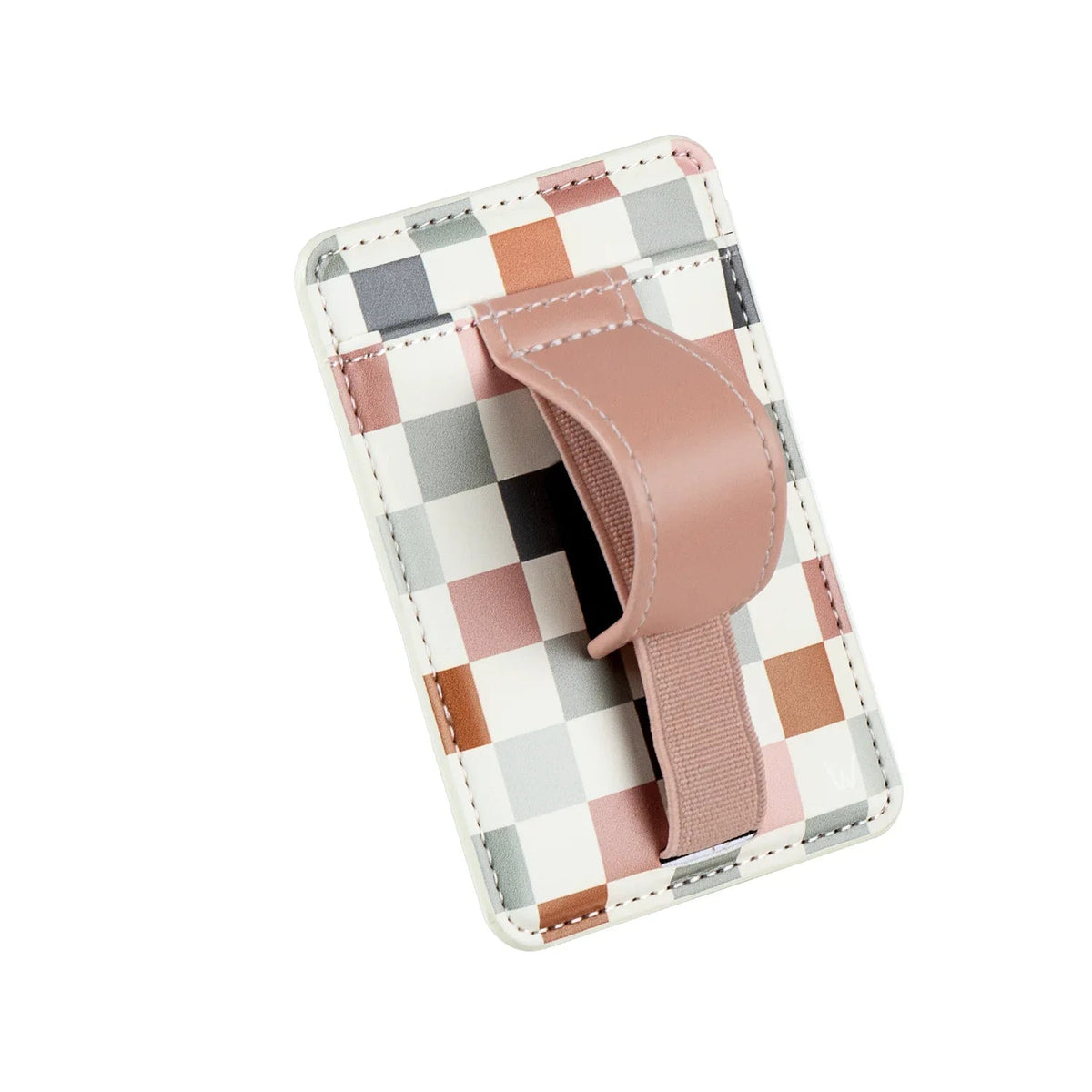 Checkered magnetic wallet with pink flap and elastic wrist strap