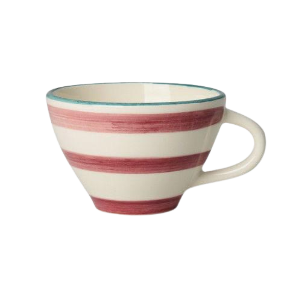 Ceramic tea cup with pink horizontal stripes and curved handle