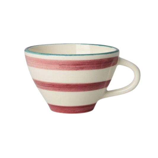 Ceramic tea cup with pink horizontal stripes and curved handle