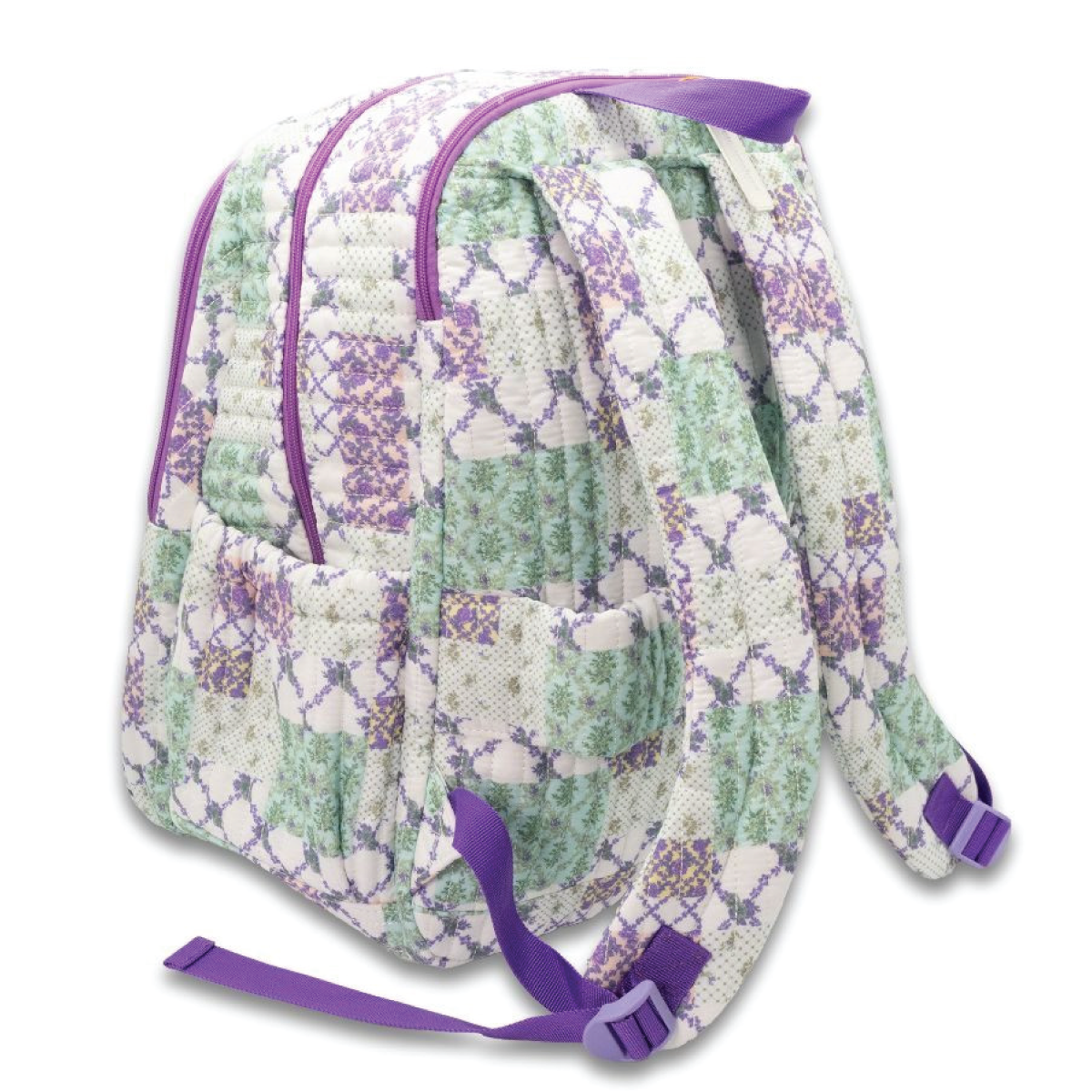 Quilted patchwork backpack with purple straps and zipper front pocket, side view