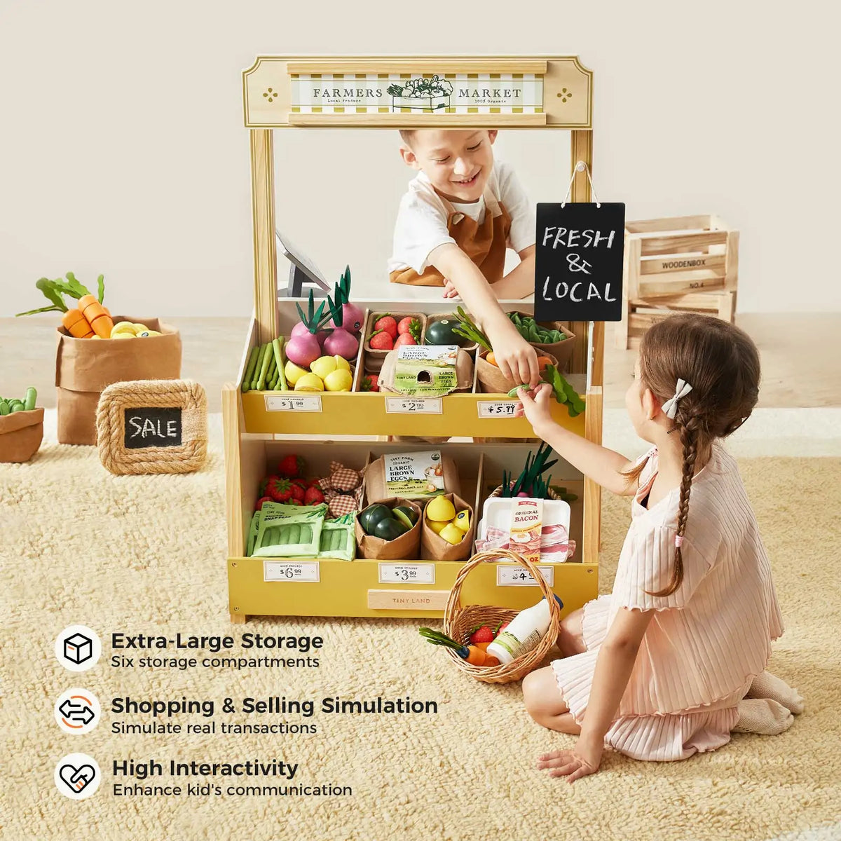 Wooden grocery store playset with produce shelves and baskets for pretend shopping.