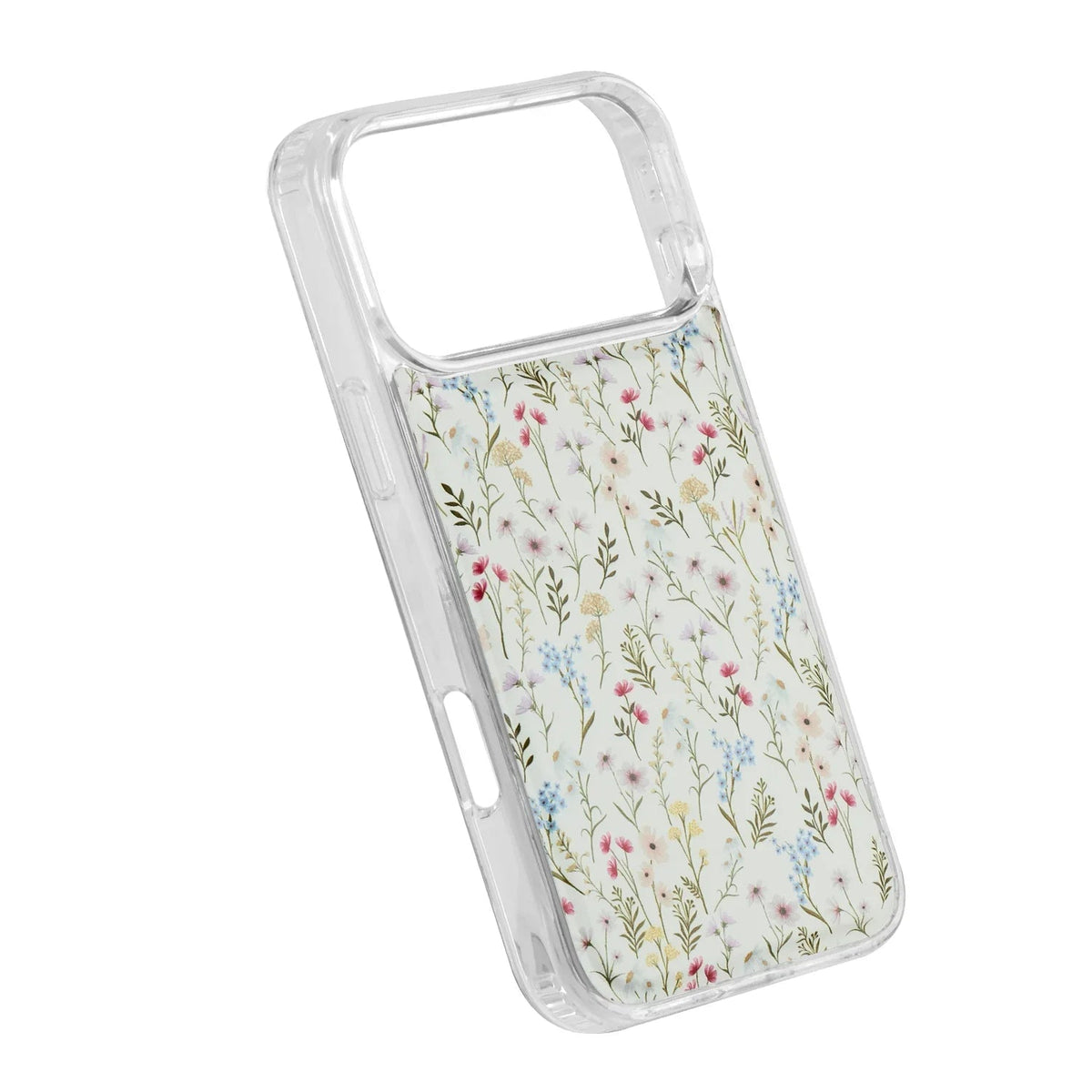 Wildflower magnetic phone case with clear floral back, angled view