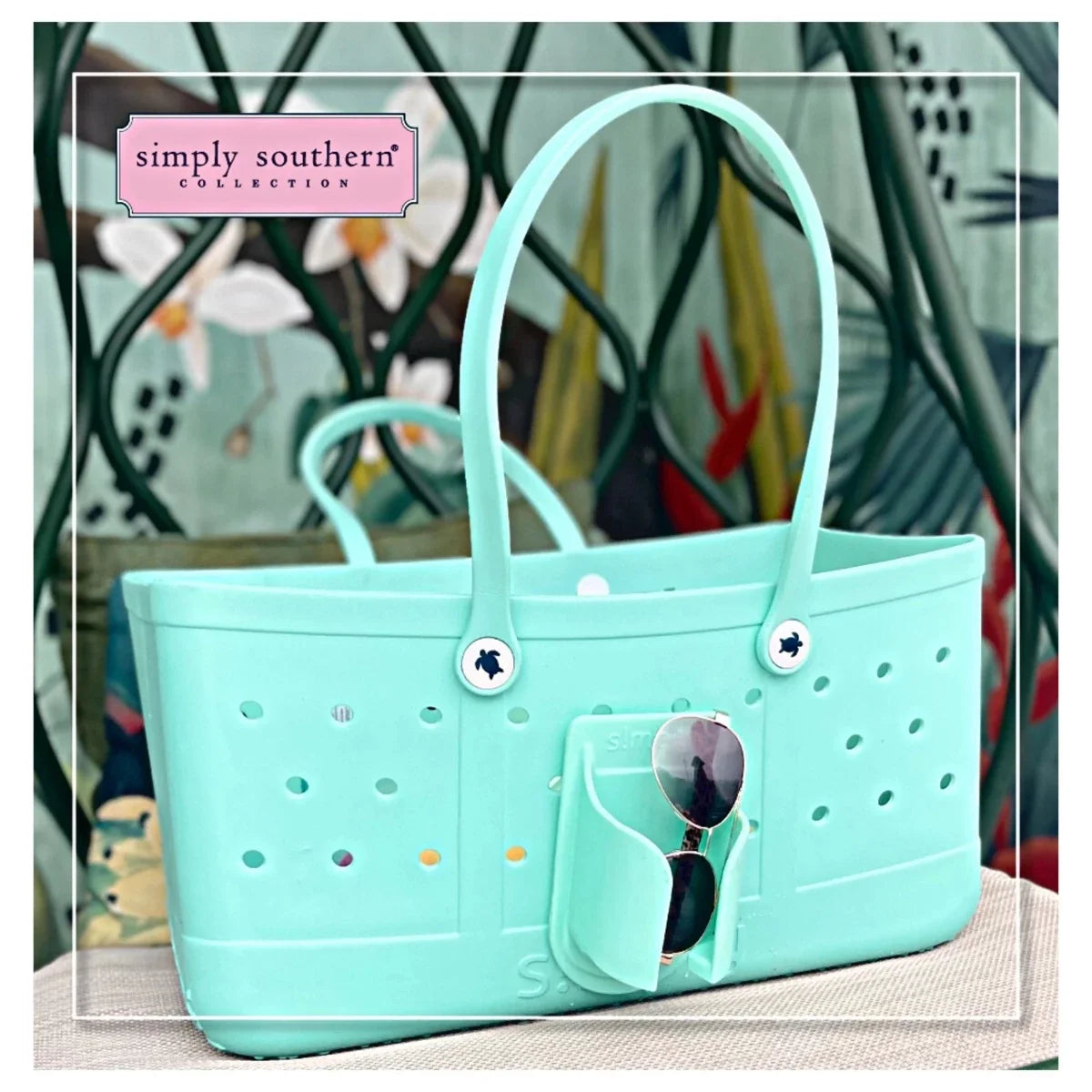 Aquamarine tote cup holder attachment with snap-in ring and handle loops
