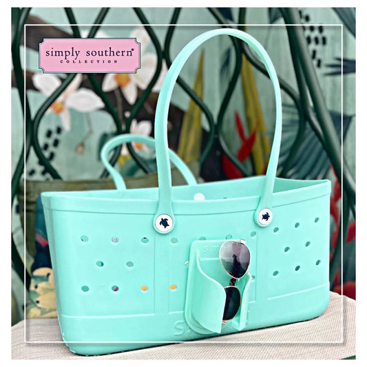 Aquamarine tote cup holder attachment with snap-in ring and handle loops