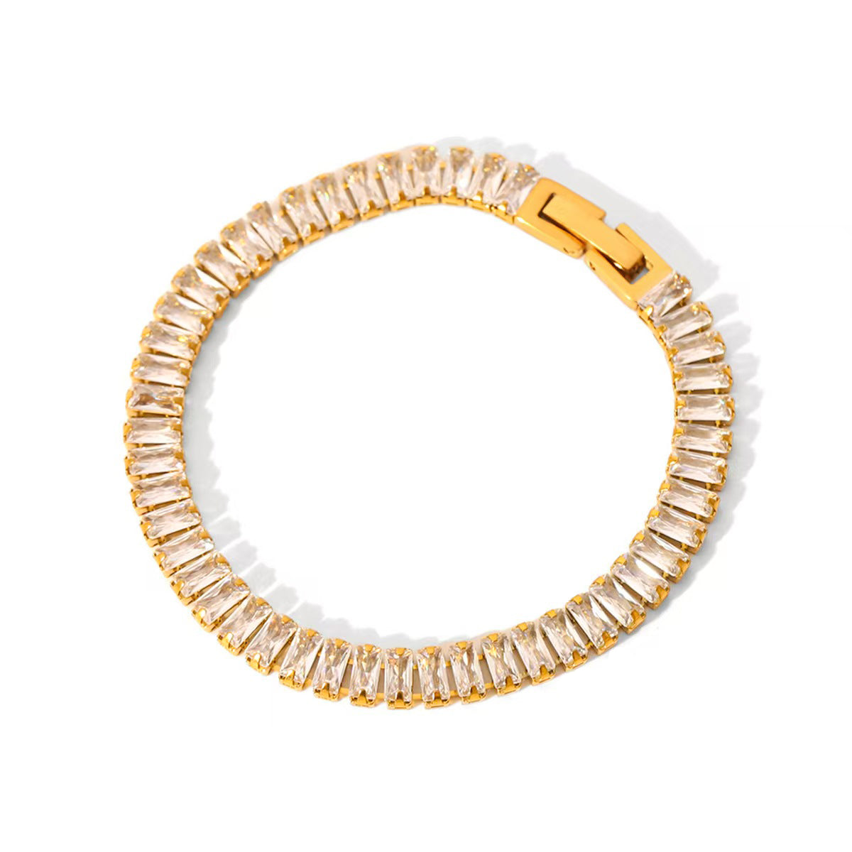 Silver rhinestone tennis bracelet with gold clasp and clear rectangular stones