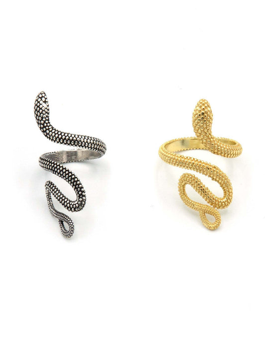 Snake-shaped ring set with black-dotted texture in silver and gold-tone finishes