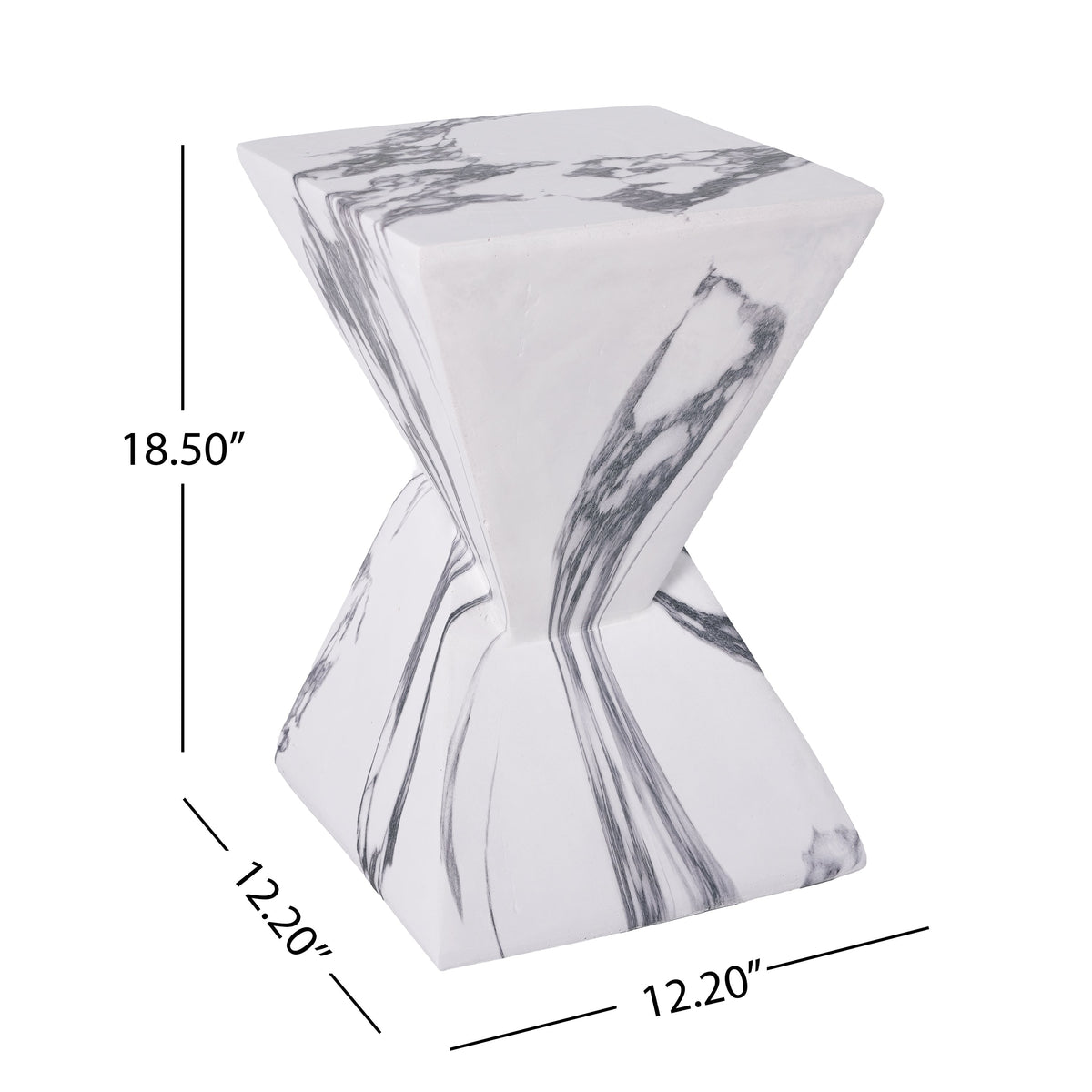Marble-veined concrete side table with sculptural shape and dimensions of 18.5 by 12.2 inches