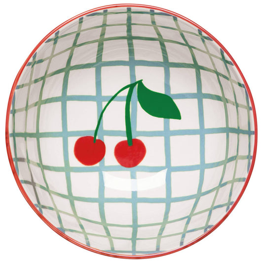 Blue grid cherry bowl interior with green leaves and red cherries
