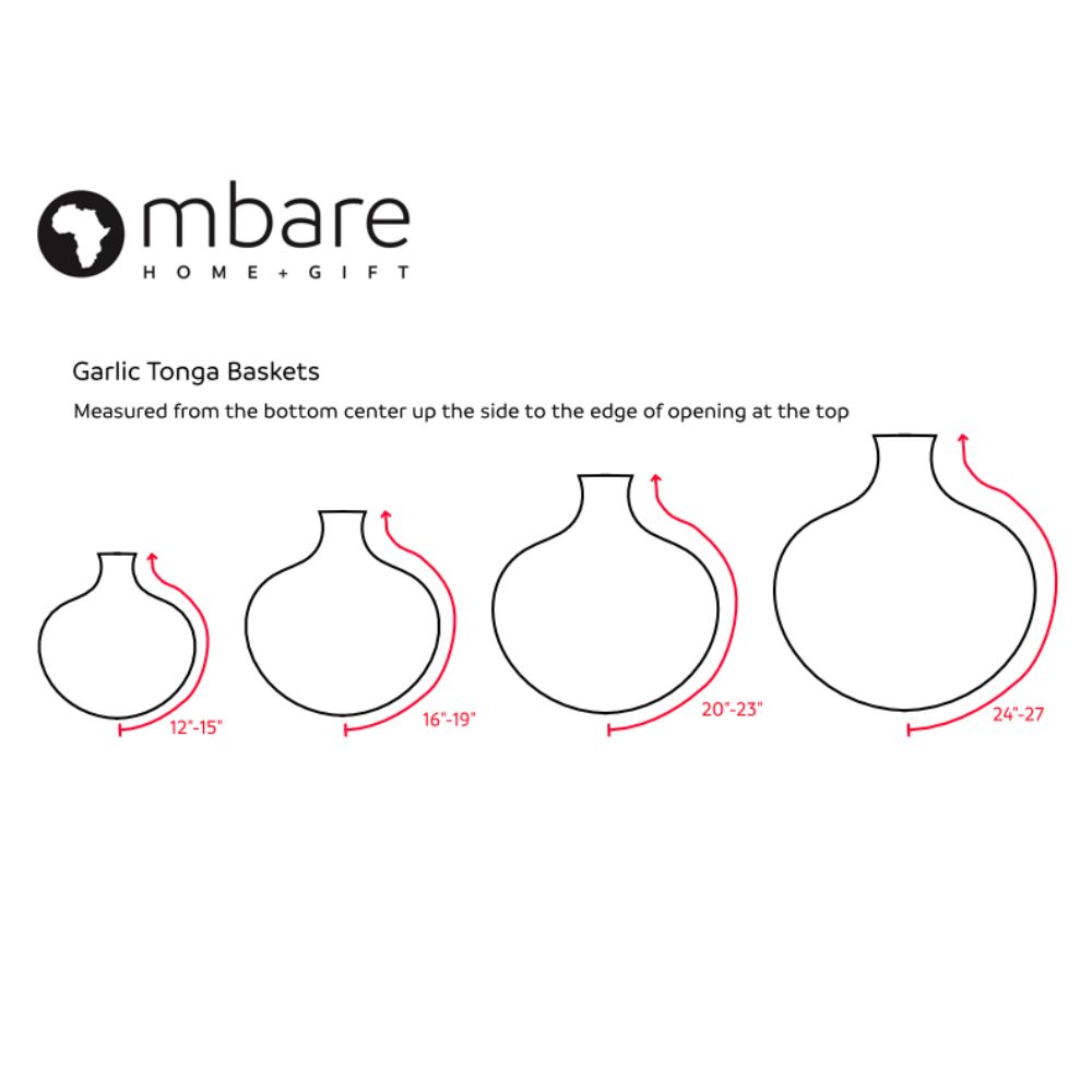 Diagram of garlic tonga basket sizes: 12–15, 16–19, 20–23, 24–27