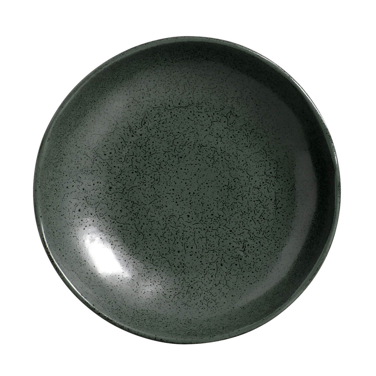 Reactive glazed pasta plate, front view, dark green speckled bowl form