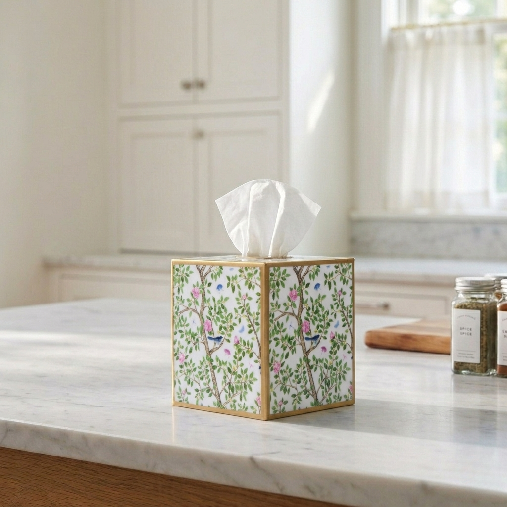 Enameled tissue box cover with garden floral pattern, white tissue opening, blue and pink accents