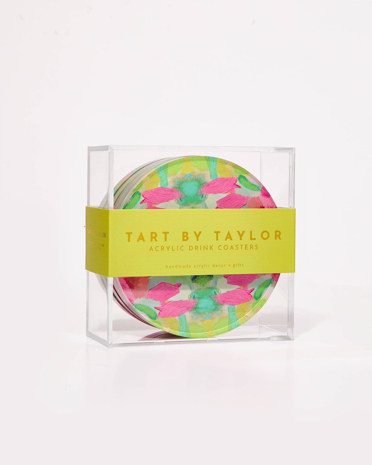 Round coaster in clear acrylic holder, pink green blue floral confetti design
