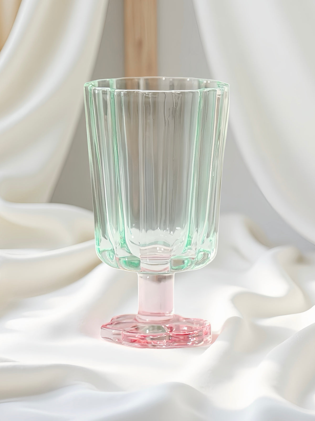 Mint glass petal goblet with pink pedestal base and ridged rim