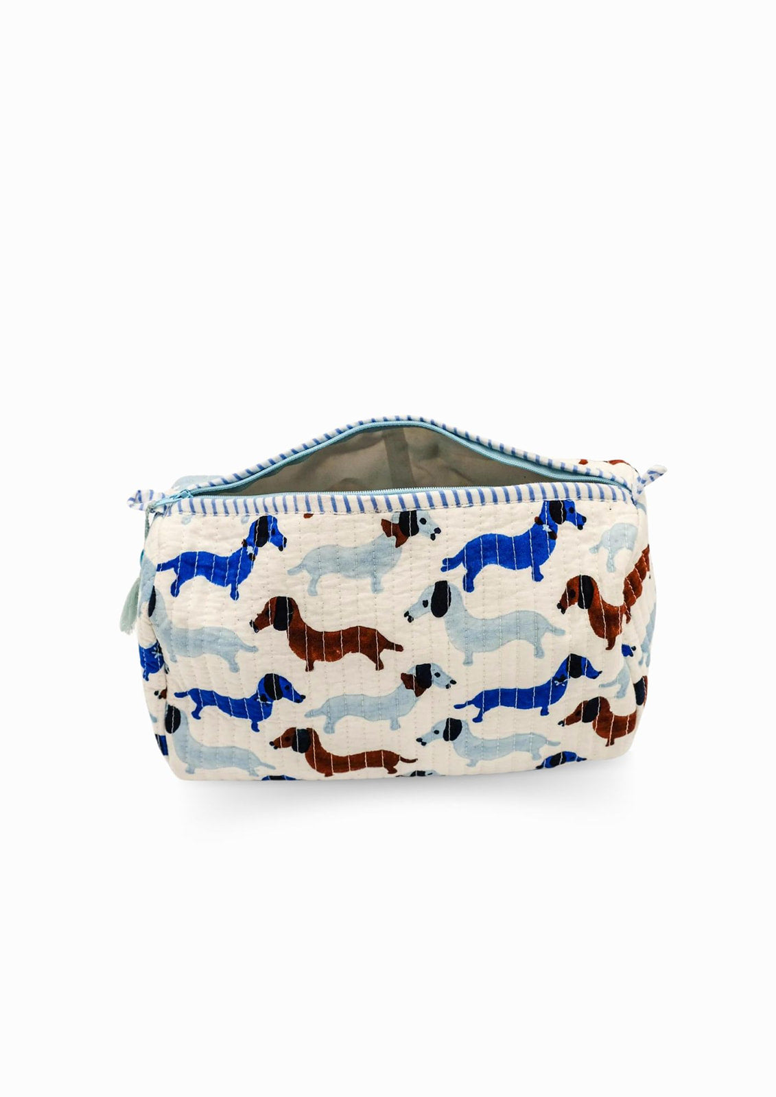 Dog-print rectangular toiletry bag with zipper closure and tassel-trim top
