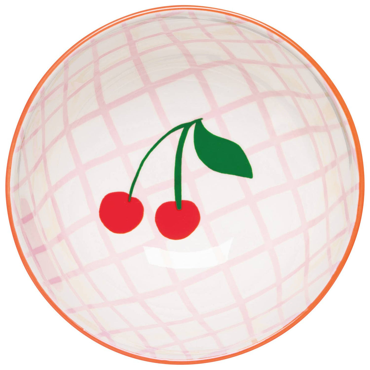 Pink grid cherry bowl interior with dark red cherries and green leaves