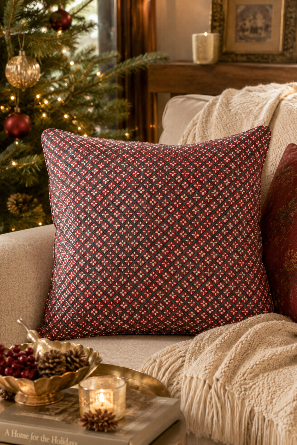 Crimson diamond-pattern pillow cover with dark piping on sofa near holiday decor