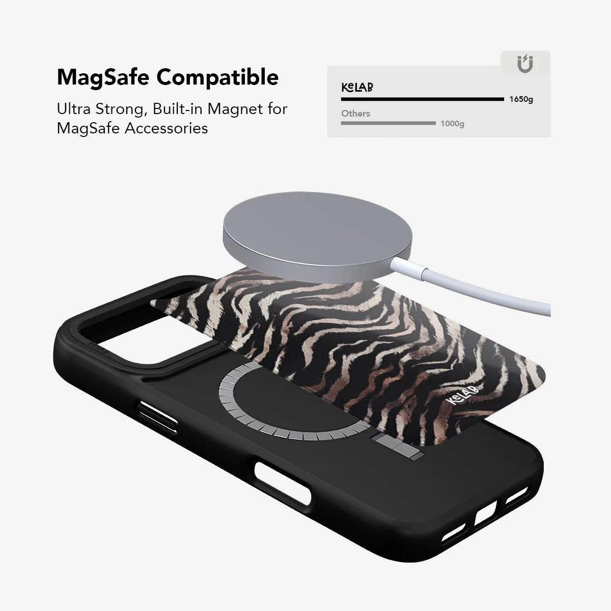 Zebra stripe iPhone case with a MagSafe ring shown beneath a magnetic charger