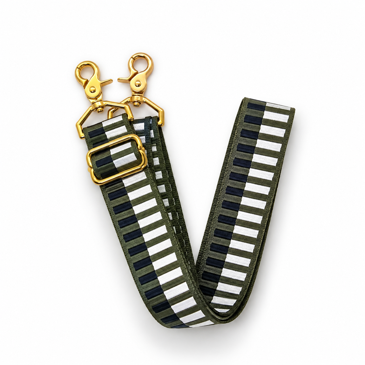 Looped geo-pattern guitar strap with gold clasps and striped webbing