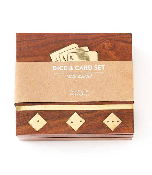 Handcrafted wood dice and card set box, closed, with centered label and die-inlay icons