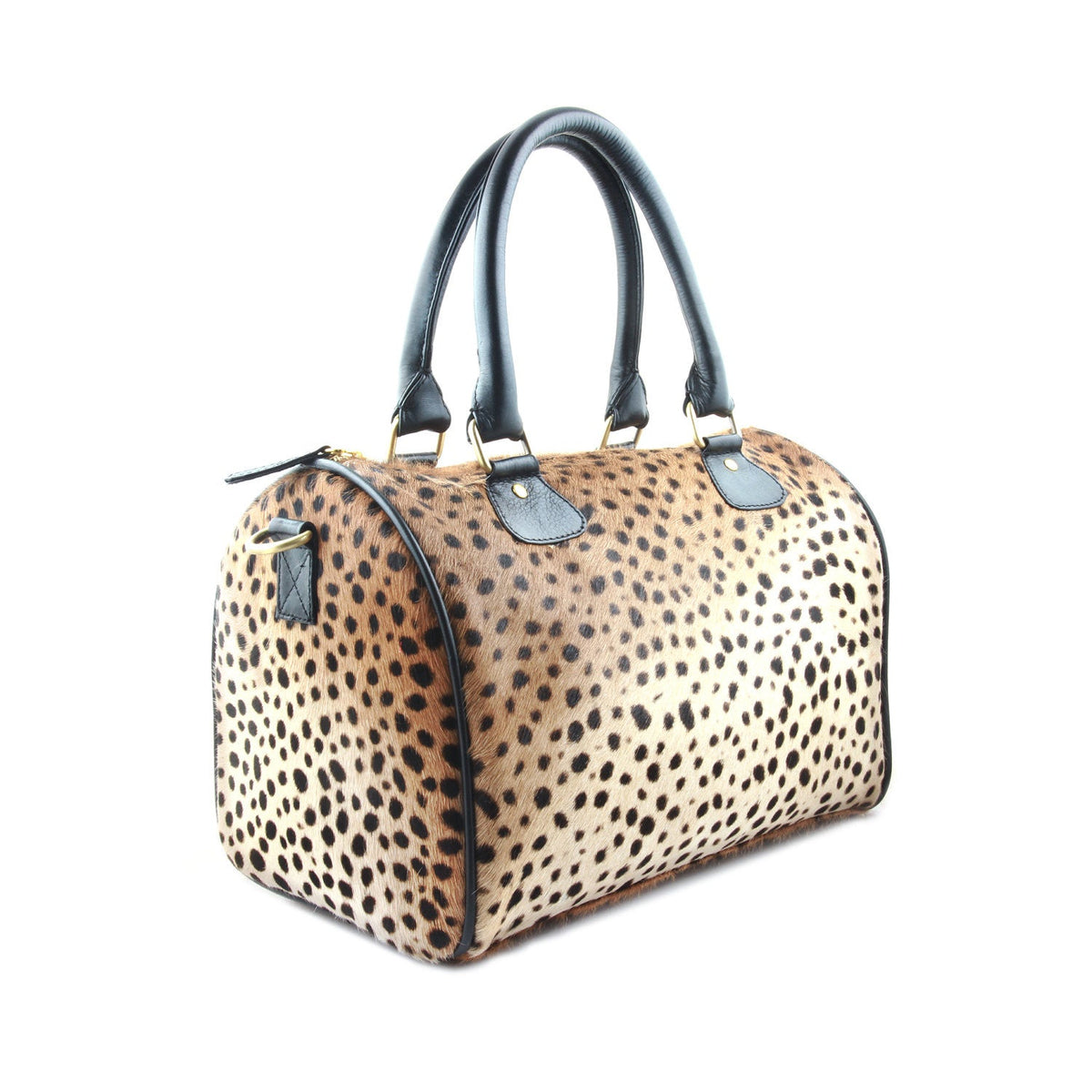 Leopard-print leather barrel bag with structured sides and black handle straps
